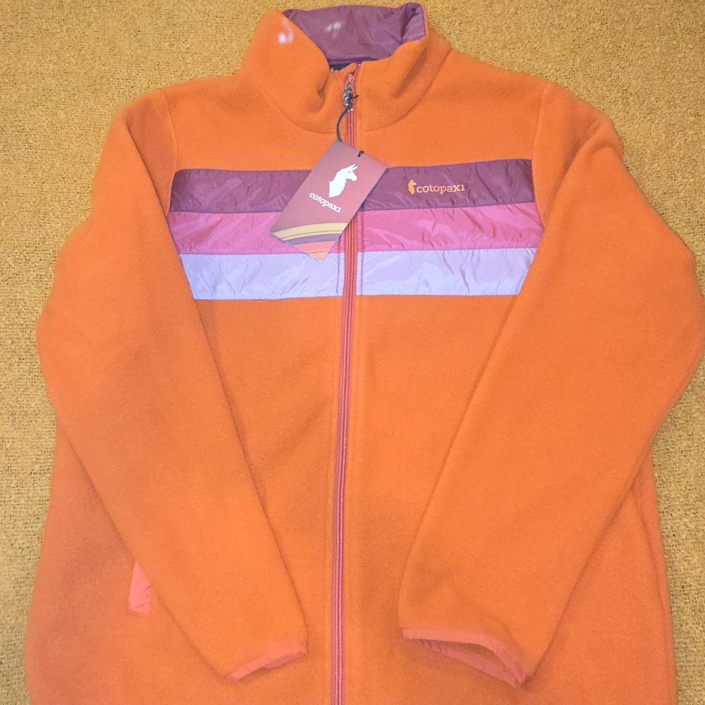 Cotopaxi Orange Fleece Jacket with Purple Accents